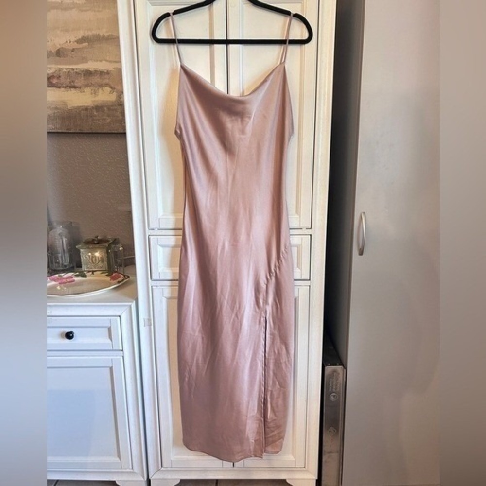 Rose Gold Satin Like Cowl Neck Midi Slip Dress Side Slit Size MEDIUM